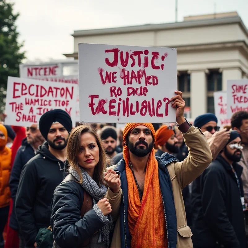 A protest scene with people holding signs advocating for the release of Jagtar Singh Johal. The signs should be visible and readable, conveying messages of justice and freedom.