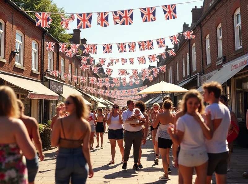 A street party in Britain, with people celebrating and waving Union Jack flags.