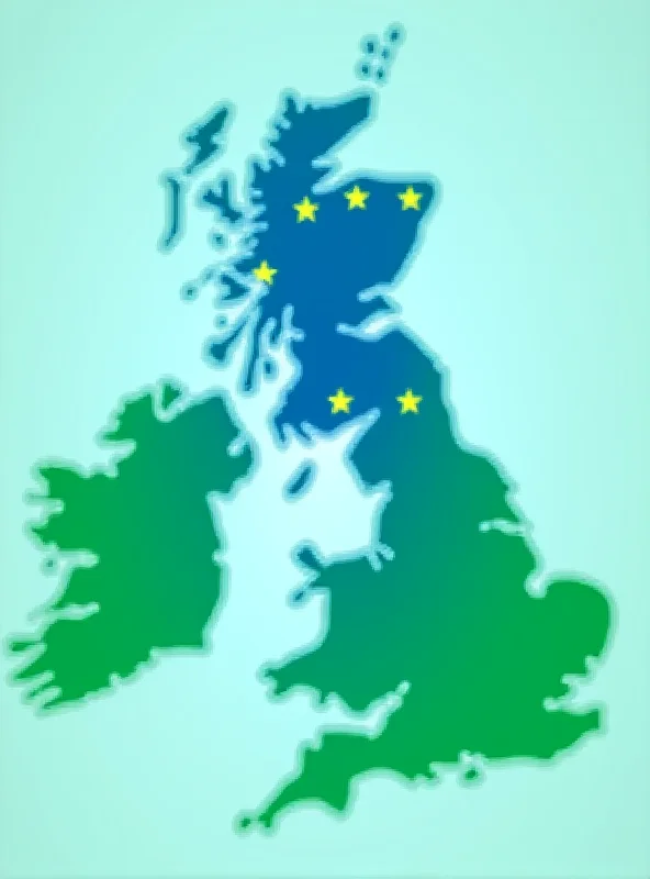 Map of the UK and Ireland with the EU flag in the background.