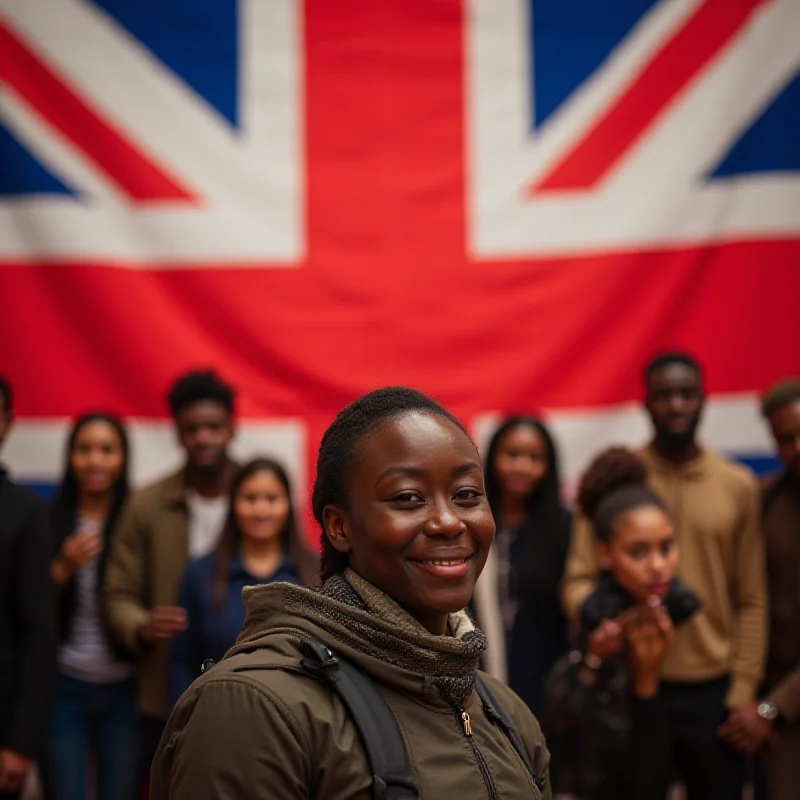 A diverse group of people from different ethnic backgrounds standing together in front of the Union Jack flag.