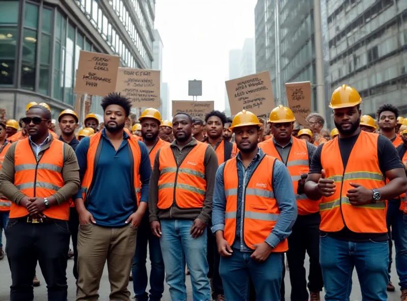 A diverse group of workers standing together in solidarity, holding signs advocating for fair wages and safe working conditions.