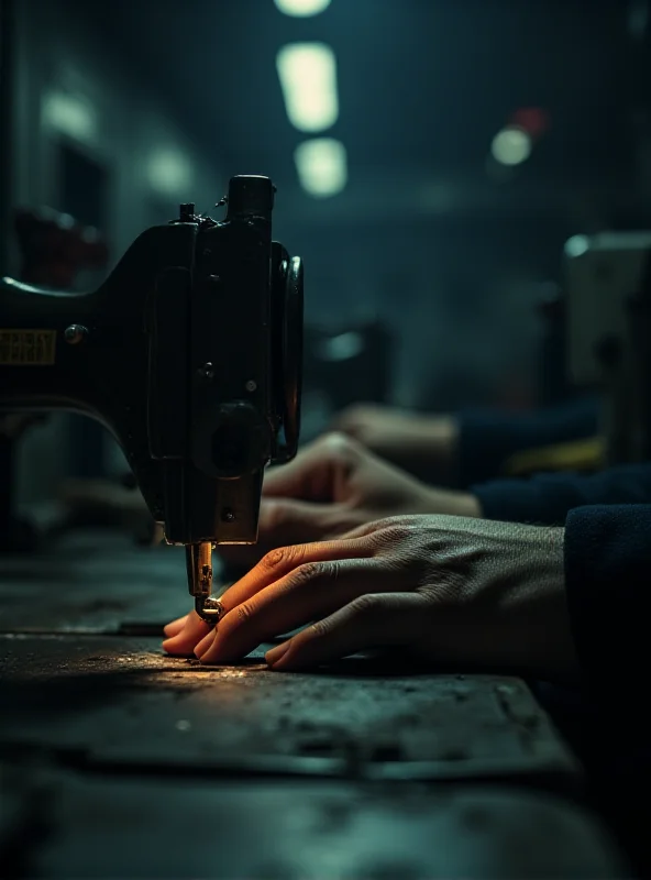 Close-up of hands working on a sewing machine in a dimly lit factory setting, symbolizing the hidden nature of modern slavery in supply chains.