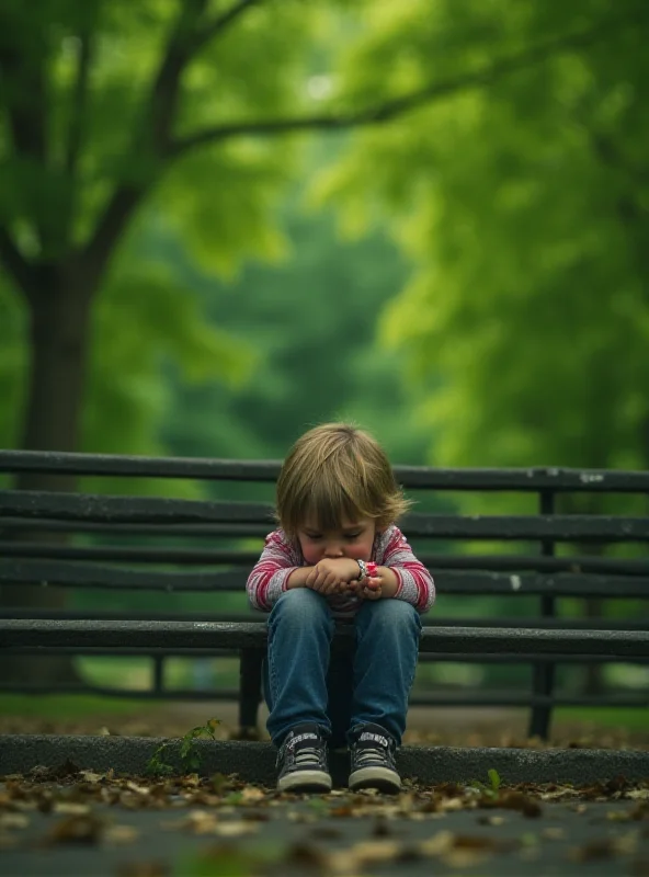 A child sitting alone looking distressed.