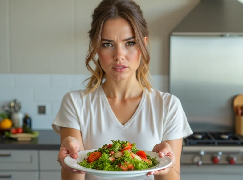 A person looking concerned while holding a plate of food, symbolizing diet concerns.