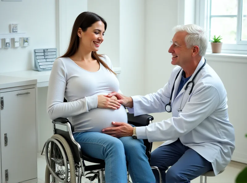 A pregnant woman sitting in a wheelchair, smiling gently, representing the challenges faced by disabled women during pregnancy.