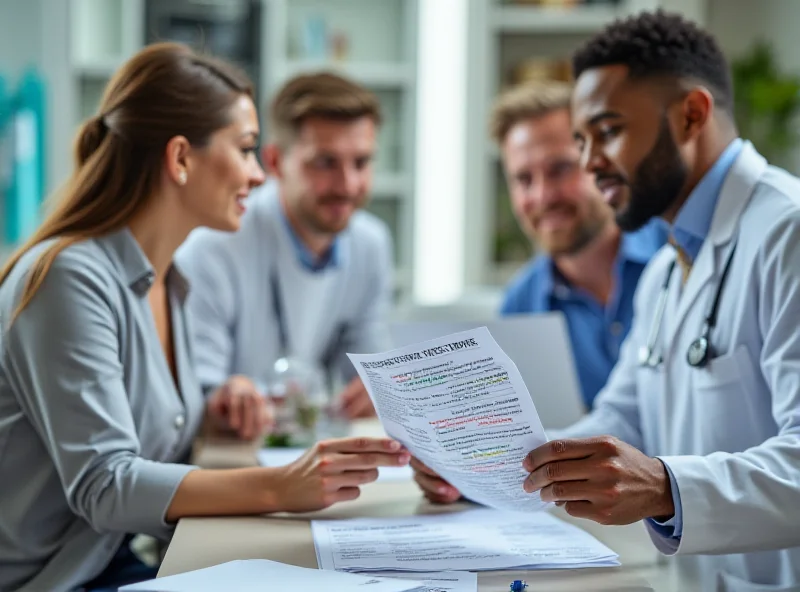 A doctor handing a leaflet to a couple during a consultation, symbolizing healthcare advice and decision-making.