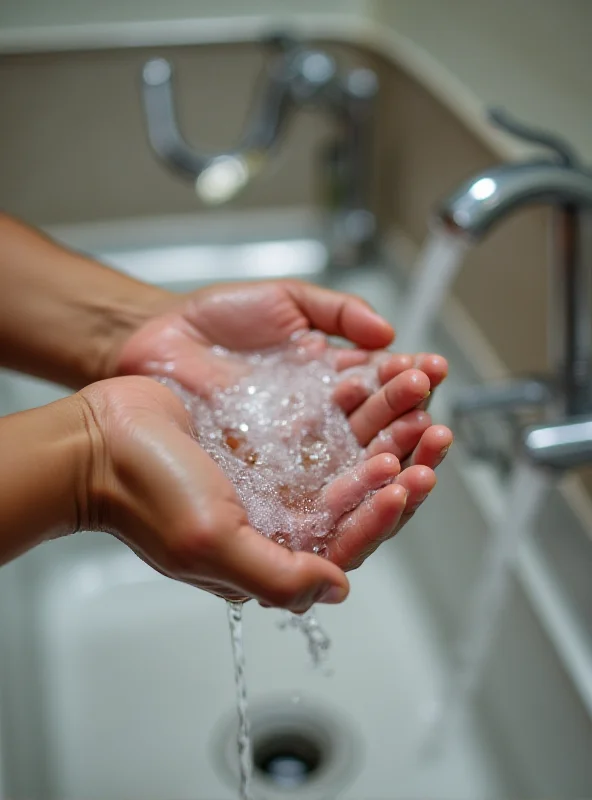 A person washing their hands thoroughly with soap and water.