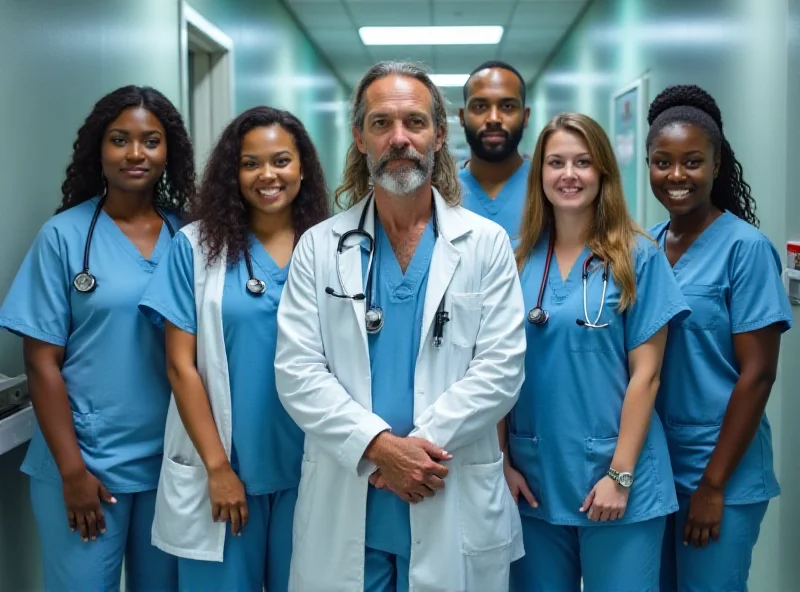 A diverse group of doctors, both men and women, standing together in a hospital setting.