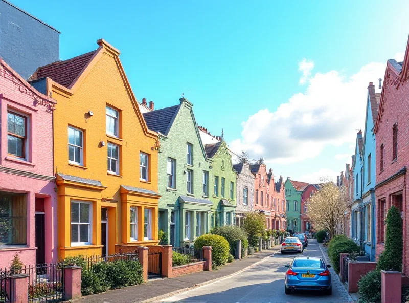 Rows of colorful terraced houses in a UK city, bathed in warm sunlight.