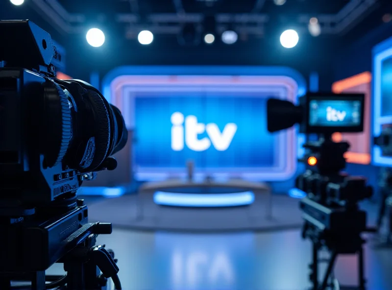 A modern television studio with cameras and lighting, showcasing the ITV logo.