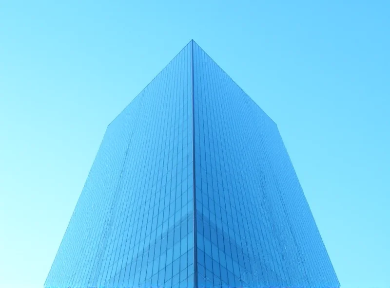 A sleek, modern office building with glass facade, representing a corporate headquarters.