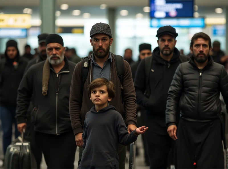 Image of a group of Afghan refugees looking concerned at an airport.