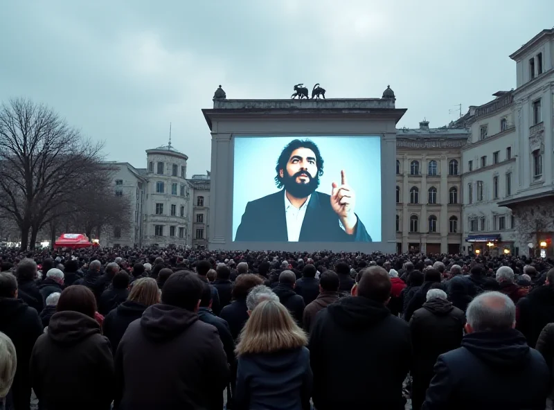 Image of Abdullah Ocalan addressing a crowd, digitally rendered to appear as if he is speaking through a video screen in a public square.