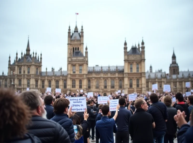 Protestors holding signs about immigration reform outside the Houses of Parliament in London.