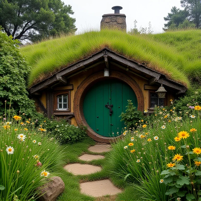 A real-life Hobbit House with a round door and lush greenery surrounding it