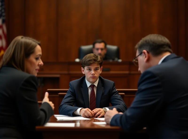 A courtroom scene depicting a young boy and his parents with lawyers present. The atmosphere is tense and serious.