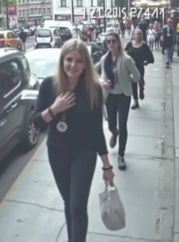 A grainy CCTV image showing a young woman, presumably Charlotte Peet, walking down a street in Brazil. The time and date are visible in the corner of the frame.