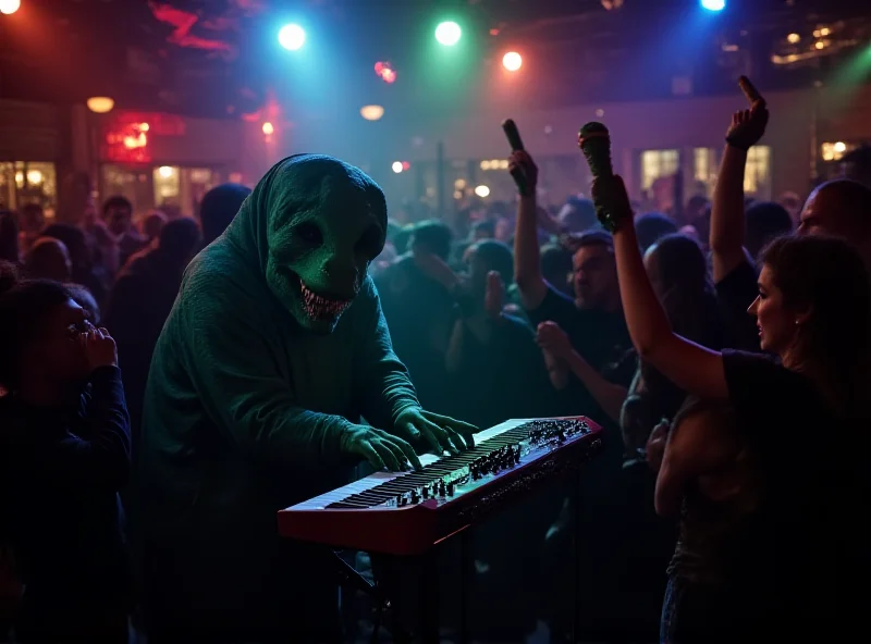 A hooded dinosaur playing a synthesizer at Albion Dungeon Fest.