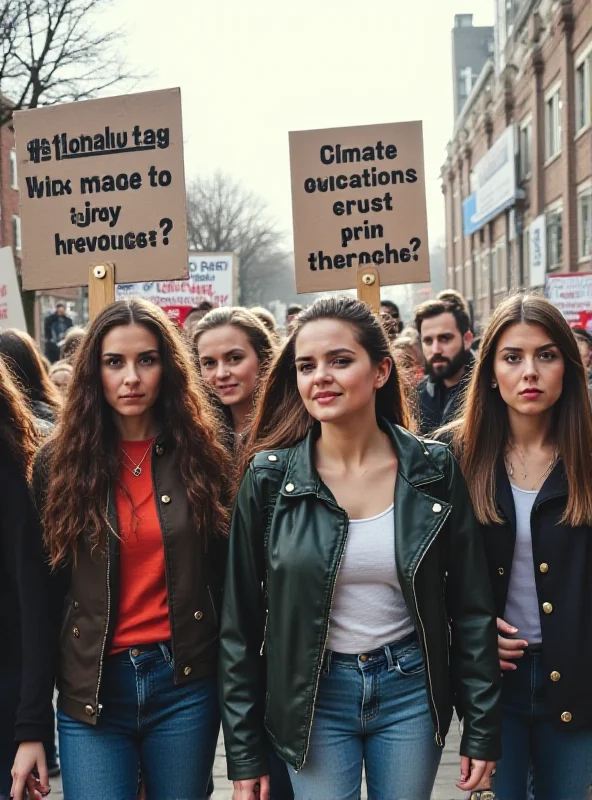Students protesting for climate justice, holding signs and banners, with the University of Sussex campus in the background.