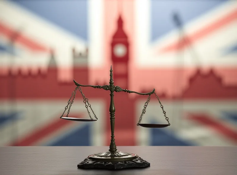 A stylized image depicting the scales of justice with a British flag in the background, representing the complexities of the UK justice system.