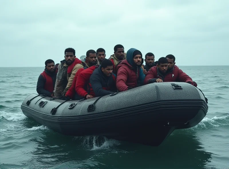 A crowded small boat approaching the UK coastline with many migrants on board, under a cloudy sky.