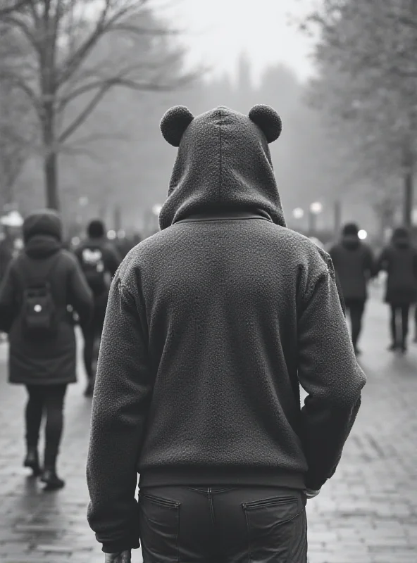 A CCTV still image showing the back of a man wearing a teddy bear hoody walking away from the camera in a public place.