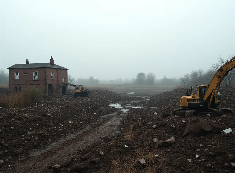 A wide shot of a demolished traveller site with heavy machinery present, surrounded by fields and a few distant houses. The sky is overcast.