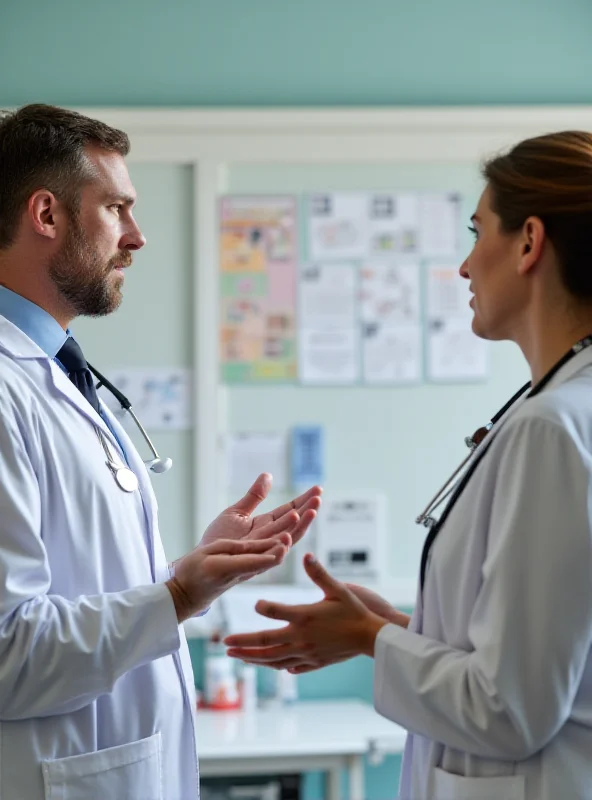 Image of a doctor in a white coat speaking to a concerned parent.