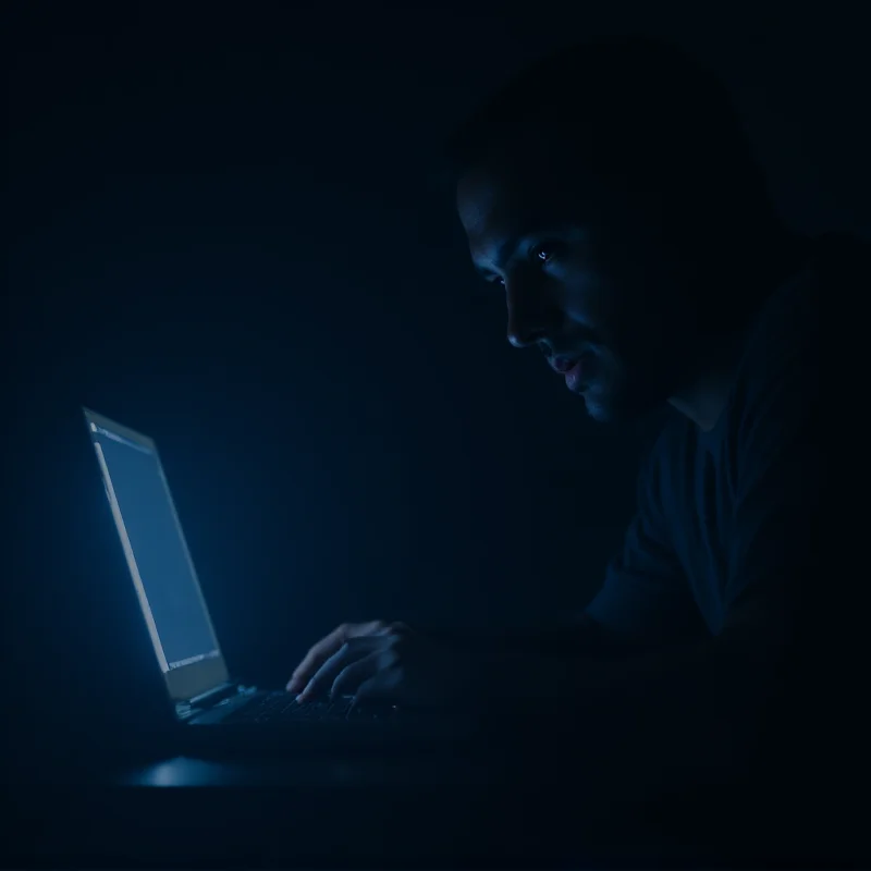 Image of a person typing on a laptop in a dimly lit room, representing the dangers of online interactions.