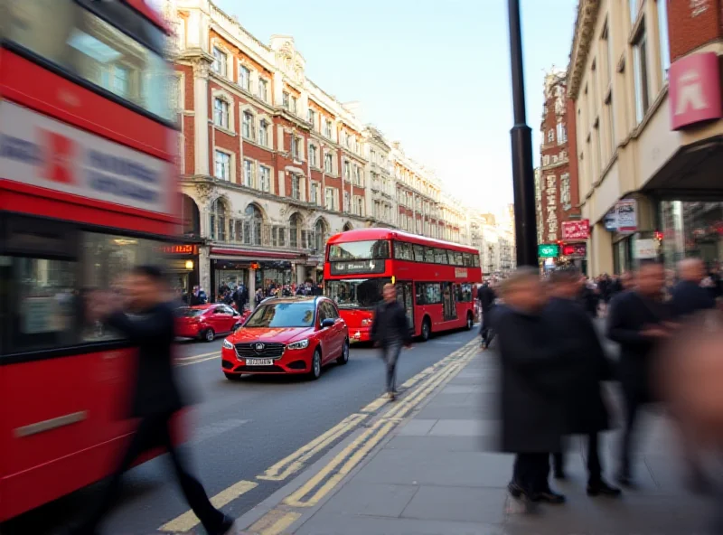 A busy London high street with red double-decker buses and pedestrians crossing the road.