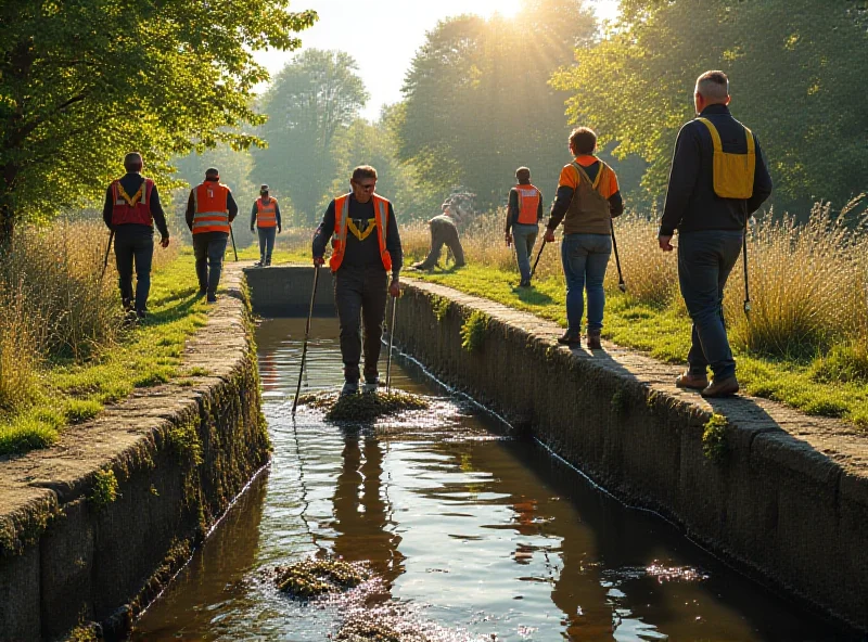 Volunteers working together to clean a canal lock, with one volunteer holding a net full of debris and others scrubbing the walls.