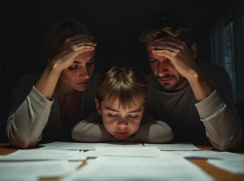 A family sitting around a table looking stressed, with unpaid bills scattered on the table. The room is dimly lit, suggesting financial hardship.