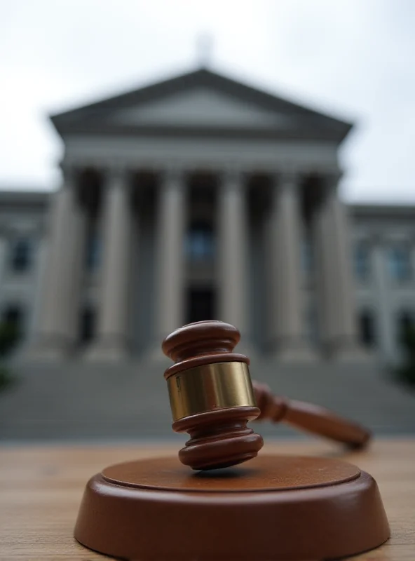 The exterior of a courtroom with a gavel resting on a wooden stand in the foreground. Focus is on the courthouse building.