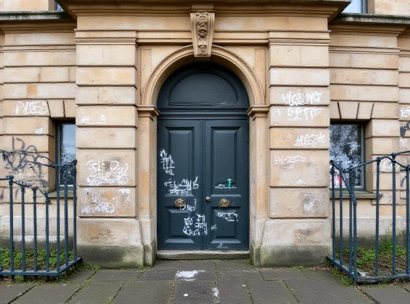 A vandalized historic building with graffiti related to Palestine. Police officers are present, investigating the scene.