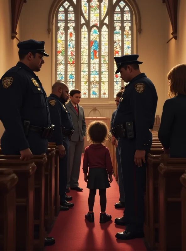 A church interior with police officers talking to people. A child is being comforted by a woman.