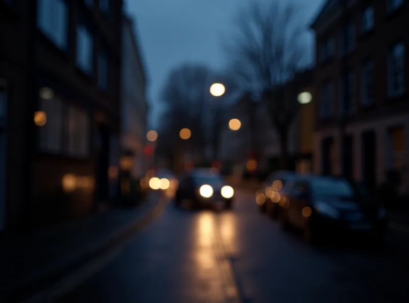 A somber cityscape of Islington, London, with a blurred police vehicle in the background.