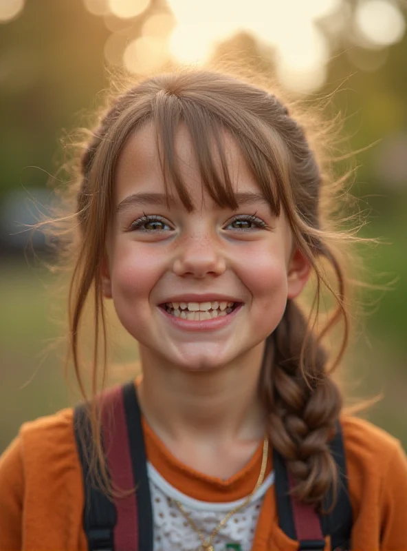 A photo of a young girl smiling, with a soft, blurred background suggesting a school or park.