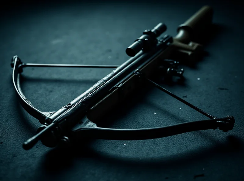 An image of a crossbow lying on a dark surface, with dramatic lighting emphasizing the weapon's menacing nature.