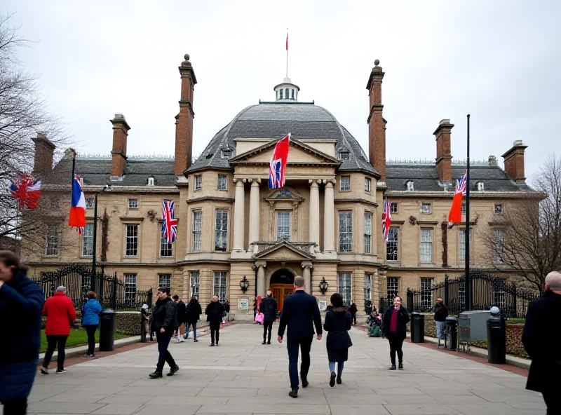 Lancaster House in London, with flags of various nations in front.