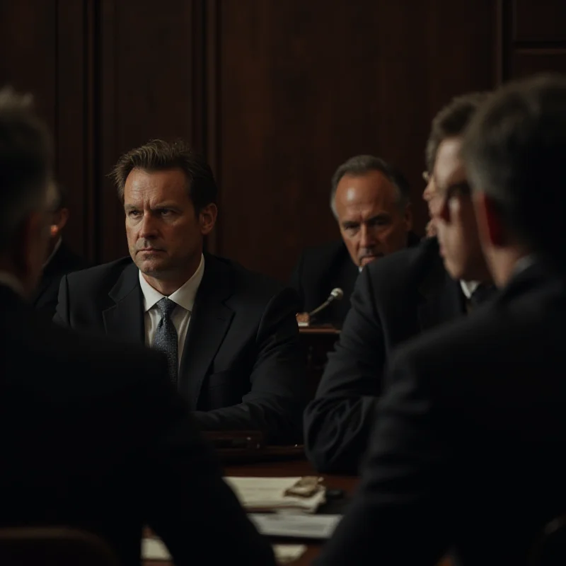 A somber courtroom scene during a trial.