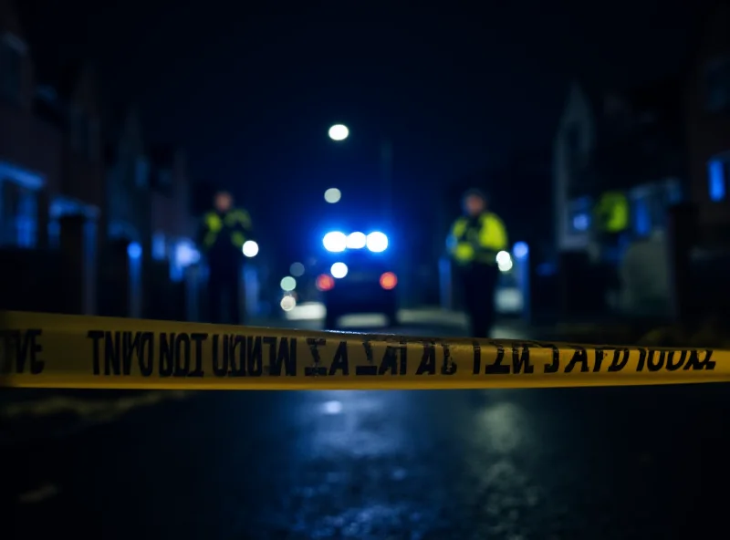 Police cordon at a crime scene in a residential area of London at night.