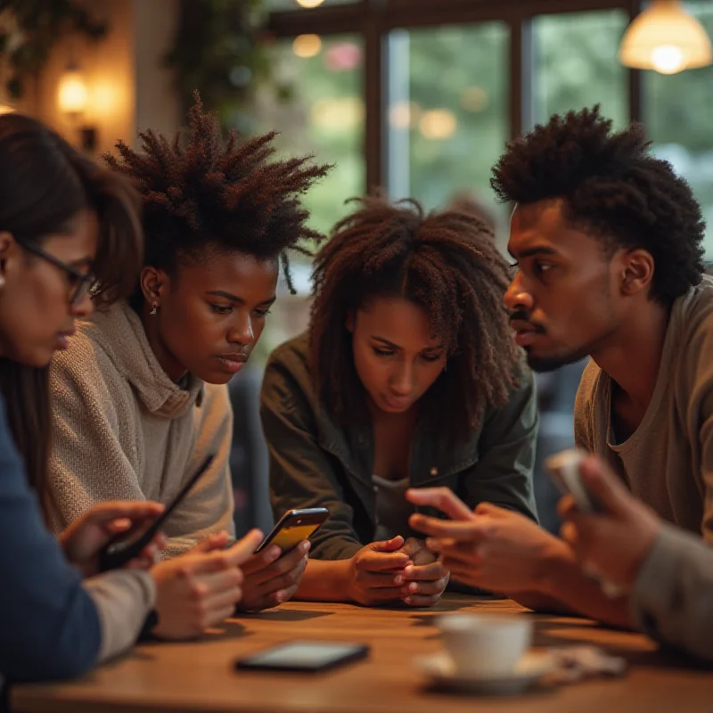 A diverse group of young people looking at their smartphones with concerned and thoughtful expressions.