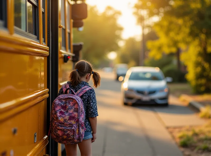 A young girl getting off a yellow school bus. A car is approaching in the background.