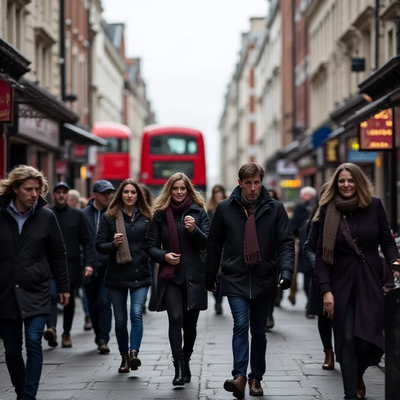 A street scene in London. People are wearing jackets and scarves.