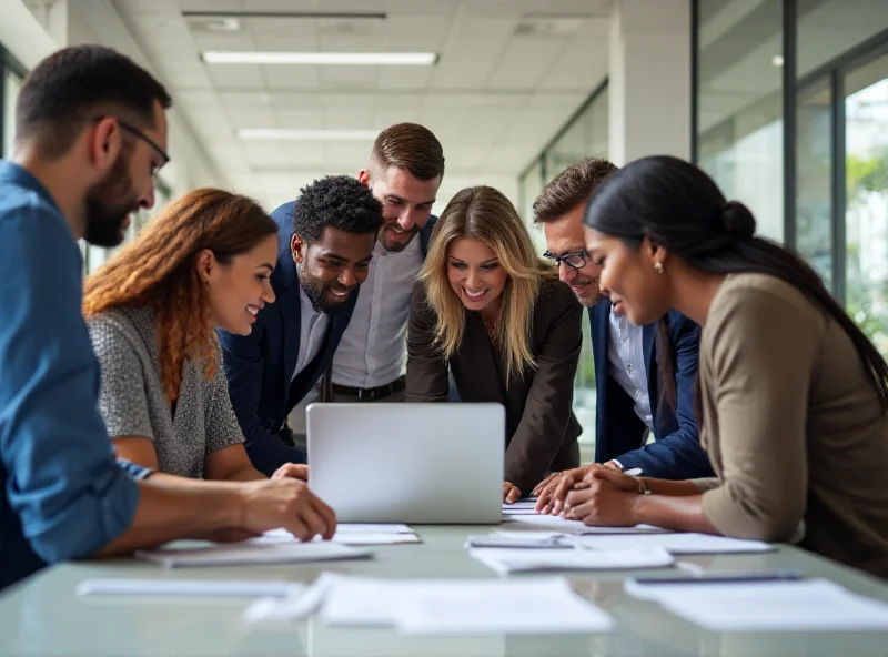 A diverse group of workers in a modern office environment, collaborating on a project. The atmosphere is positive and productive.