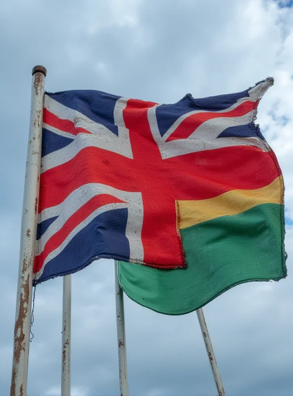 A close-up of British and Rwandan flags waving side by side, symbolizing the diplomatic relationship between the two countries. The sky is partly cloudy, adding a sense of uncertainty.