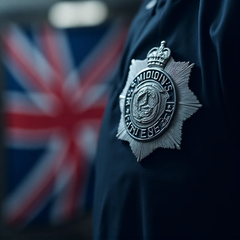 A close-up photograph of a police badge with the UK flag subtly visible in the background, representing the authority and responsibility of law enforcement. The image is slightly out of focus to emphasize the badge.