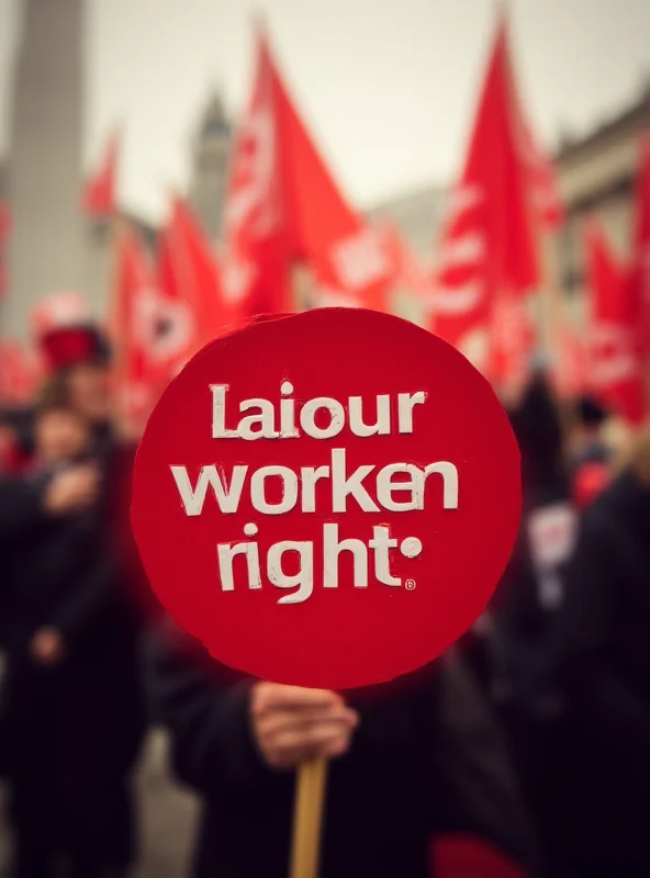 A close-up image of a Labour party sign at a political rally. The background is blurred with people and flags, focusing on the Labour logo and the message of workers' rights.