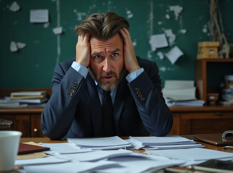 A school principal looking stressed and overwhelmed in their office. Papers are scattered on their desk, and they are holding their head in their hands, conveying a sense of burnout and pressure.