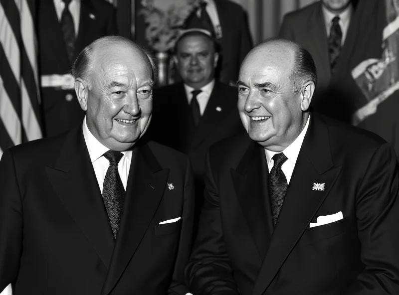 Black and white photo of Winston Churchill and Harry Truman sitting together, smiling, in a formal setting.